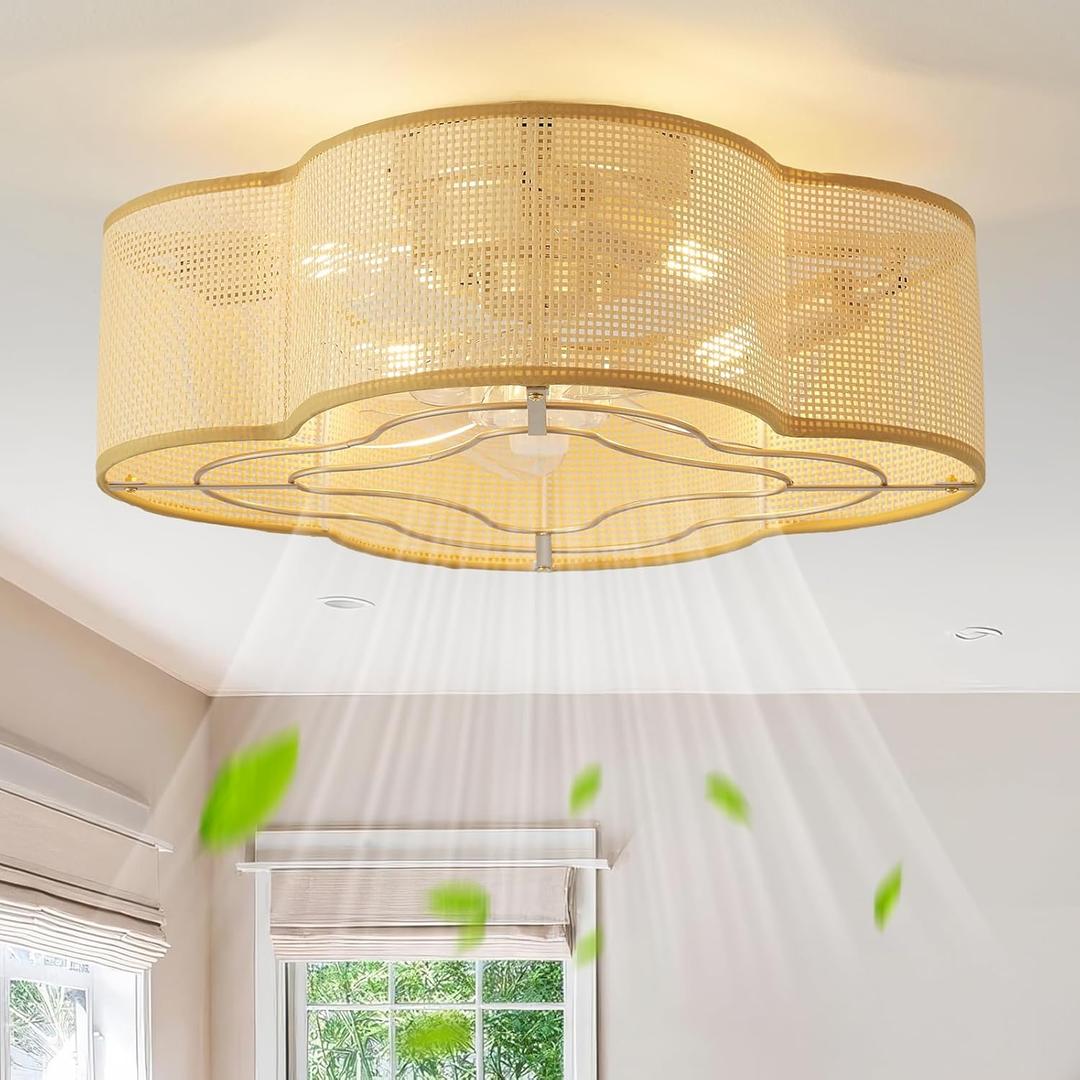 20" Boho Ceiling Fan with Light, Rattan Flush Mount Ceiling Fan with Light Remote Control, Caged Enclosed with 6 Speeds for Bedroom, Living Room, Foyer, Nursery (Gold)