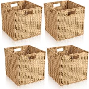 Newtay 4 Pcs Wicker Storage Baskets 13 x 13 in Cube Storage Bin Organizer Camel Square Foldable Wicker Baskets for Shelves Organizing Decor Laundry Pantry Toys