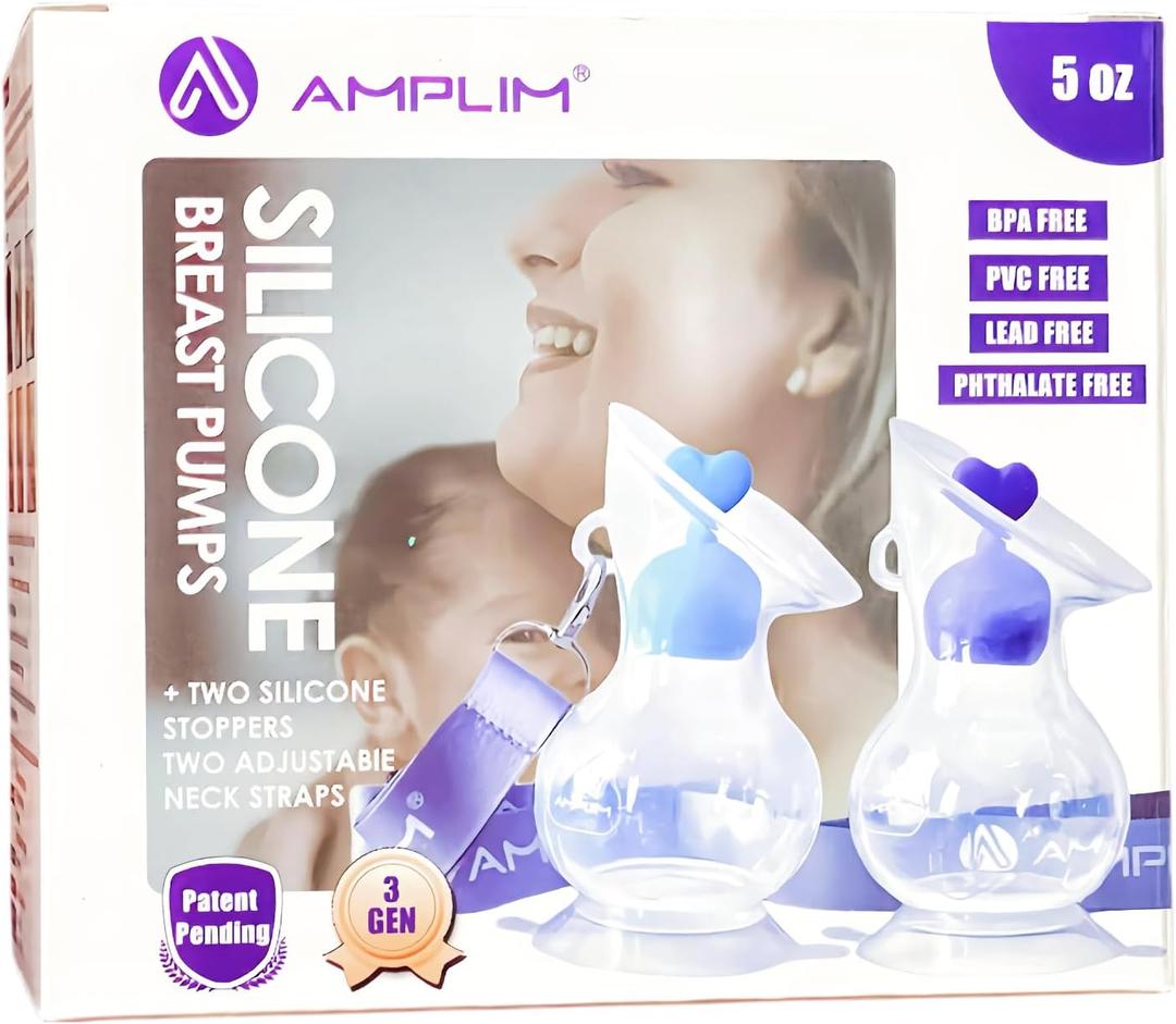 Amplim Manual Breast Pump | Gen 3 Food Grade Silicone Milk Collector for Breastfeeding Nursing Mom with Stopper | Must Haves Registry Essentials for Newborn, Infant, Baby | 5 oz (Blue, Purple) 2 Pack