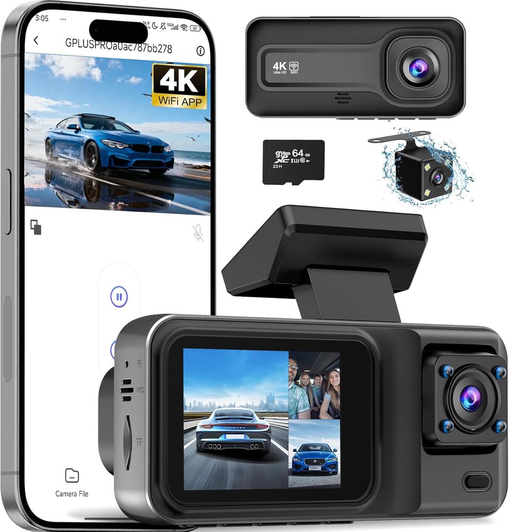 3 Channel 4K Dash Cam with 5GHz WiFi & APP Control, 4K+1080P+1440P Dash Cam Front and Rear Inside with 64GB Card, Dash Camera for Cars with Night Vision, Loop Recording, G-Sensor, 24H Parking Mode