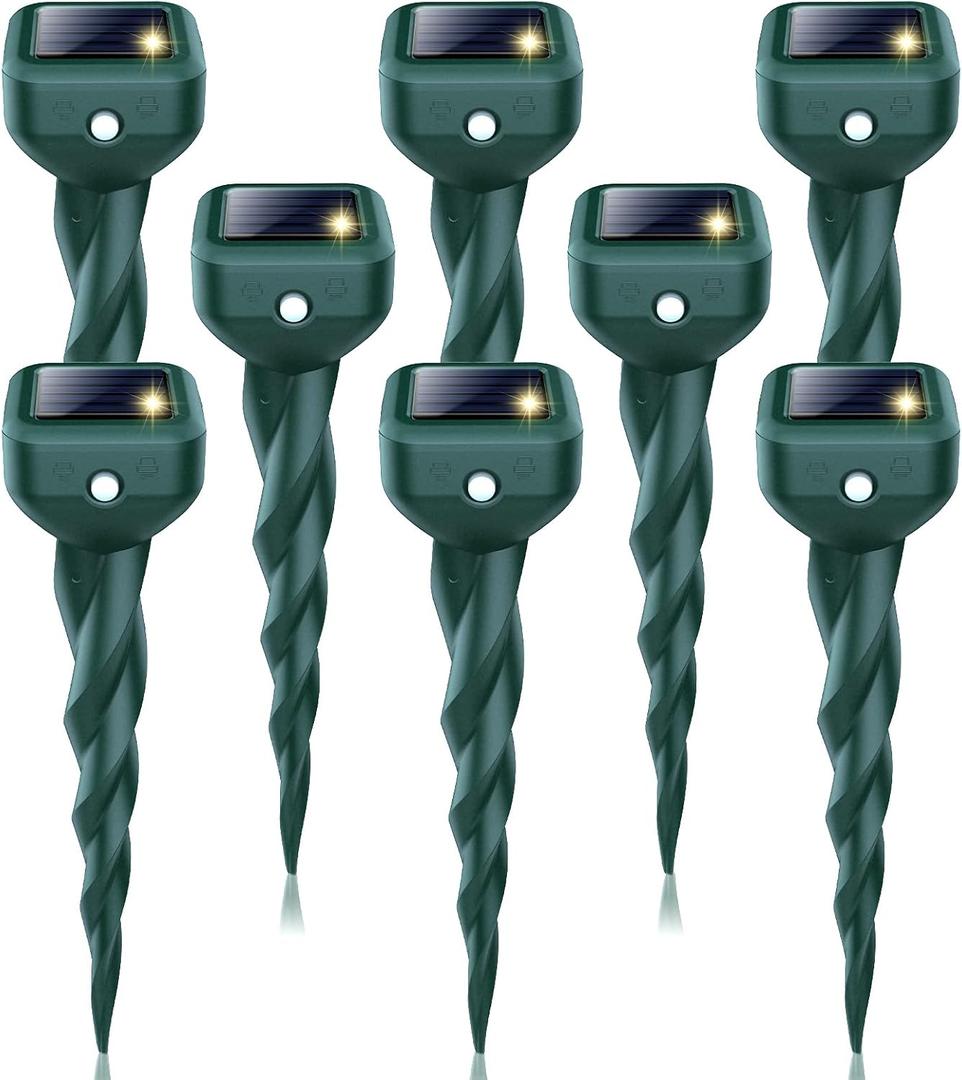 Mole Repellent Solar Powered, 8 Pack Snake & Skunk Repellent for Yard, IP 65 Waterproof Ultrasonic Deterrent Stakes, Get Rid for Rabbit, Gopher, Vole, Chipmunk, Deer, Groundhog for Lawns Garden