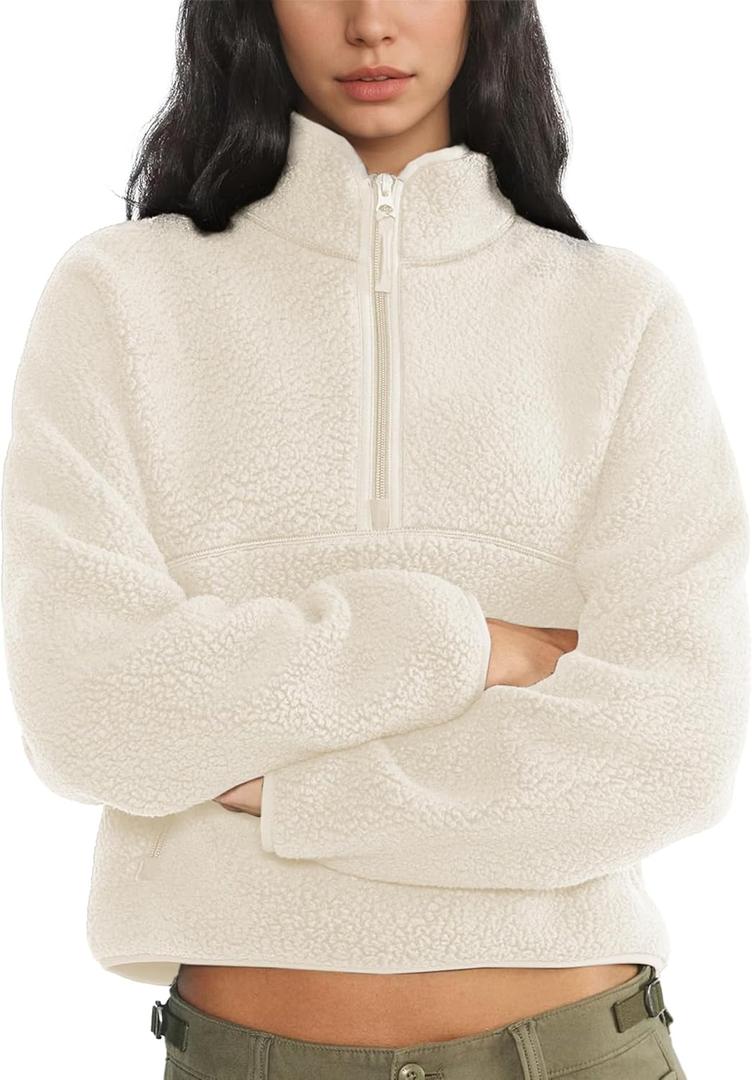 Fleece Sweatshirts for Women Cropped Long Sleeve Half Zip Pullover Sherpa Jacket Warm Fuzzy Coats with Pockets (Medium, Beige)