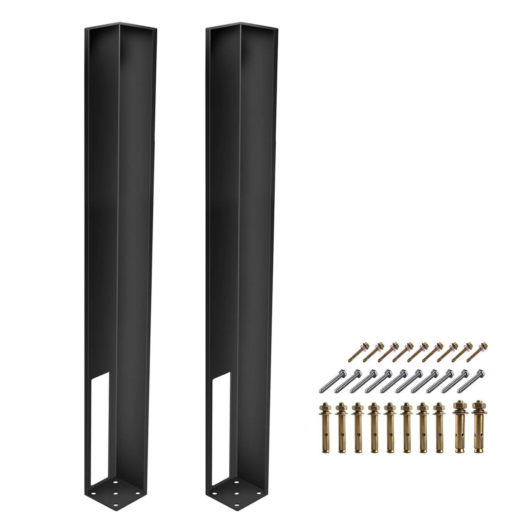 2-Pack Black Vinyl Fence Post Mount Tower, 48" Heavy Duty Steel Post Insert for 4.5 x 4.5 Inch Posts, Post Base Anchor for Concrete or Wood Deck, Complete Mounting Hardware Kit Included