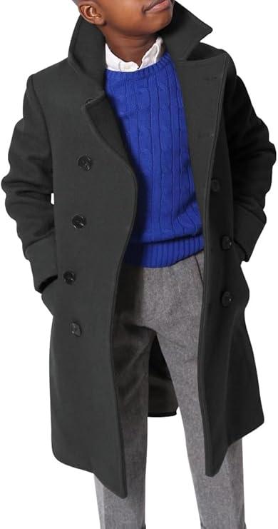 Ebifin Boys Notch Lapel Double Breasted Long Trench Coat Casual Classic Peacoat, Size  6 Year