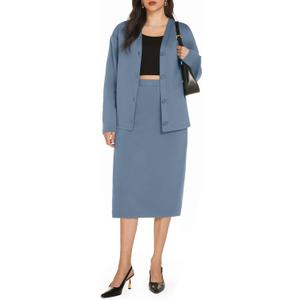 Casly Lamiit Women's 2 Piece Midi Skirt Sets Business Casual Outfits Long Sleeve Cardigan Matching Dressy Suits (S)
