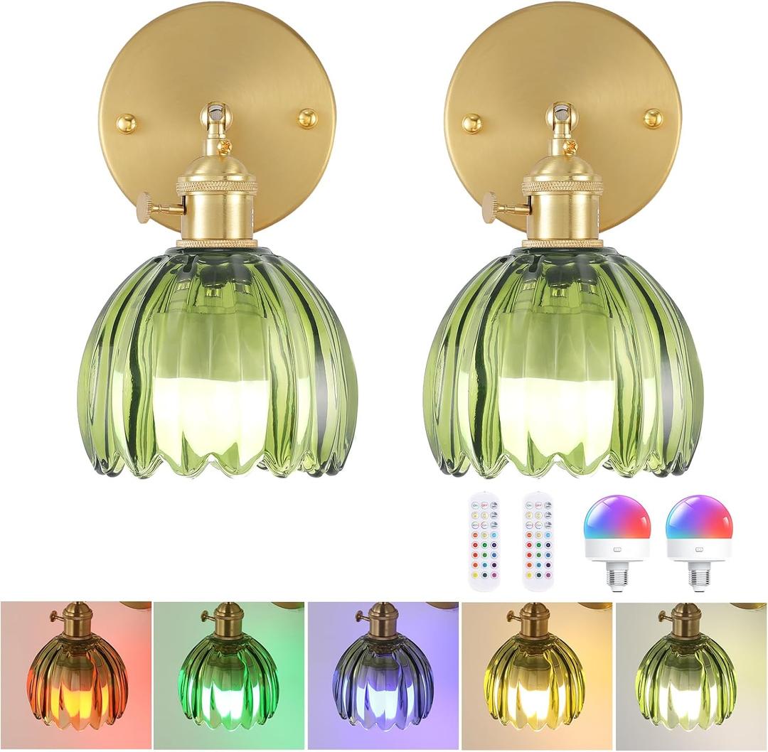 Vintage Battery Operated Wall Sconce with Green Tulip Glass Lampshade Wireless Rechargeable Battery Powered Wall Light with Remote Control for Bedside Bedroom Doorway, Set of 2 (Battery Operated (2 pack), Tulip Green)