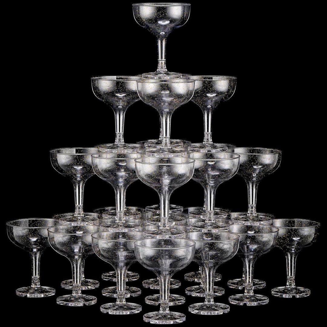 100 Pcs Plastic Champagne Party Glasses 5 oz Clear Disposable Champagne Glasses Stackable Acrylic Martini Flutes Unbreakable Margarita Coupe for Wedding Birthday Party Bar (Elegant)