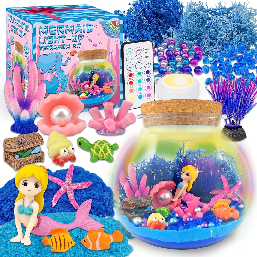 7july Mermaid Terrarium Craft Kit for Kids - LED Night Light Up & Remote Mermaid Birthday Gifts Toys for Girls Age 5 6 7 8 9 10 11 12 Year Old