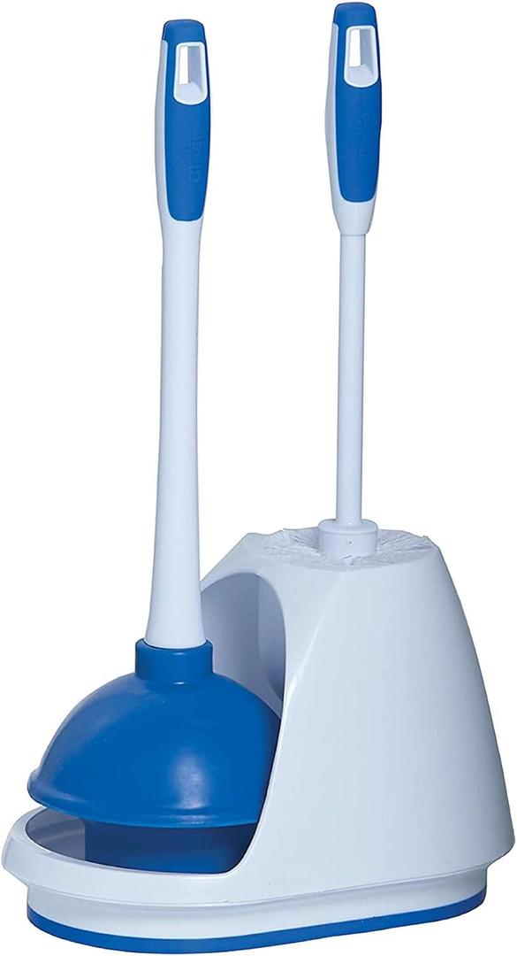 Mr. Clean Toilet Plunger and Bowl Brush Combo with Caddy, 3-Piece Heavy-Duty Plunger, Toilet Brush, and Caddy Set, White/Blue (1-Pack)