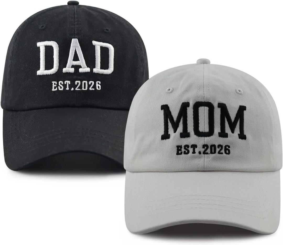 GzacDeope 2PCS Dad and Mom EST 2026 Hats for Men Women, Funny Adjustable Cotton Embroidered New Parents Gifts Baseball Cap