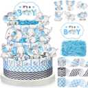 Fuutreo Diaper Cake Kit for Boy Baby Shower Elephant Diaper Cake Baby Shower Decorations with Ribbon Cutouts Gender Reveal Cards,Raffia for Gender Reveal Party Birthday Table Decor Supplies