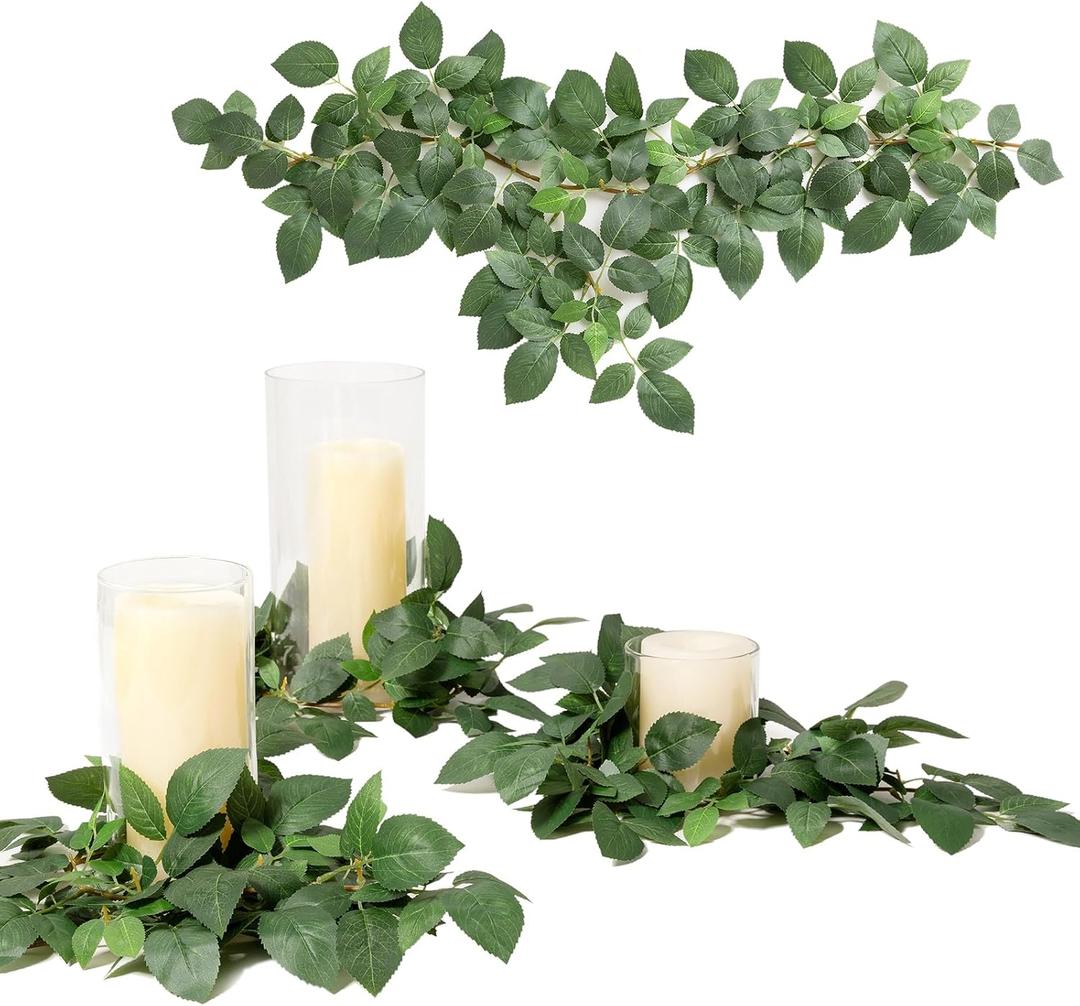Ling's moment Artificial Patina Rose Leaf Greenery Garland - 6 Pack, Candle Vines, Splicable 2.3ft Stems for Table Centerpieces, Lantern Rings, Backdrop Floral Arrangements & Wedding Arches