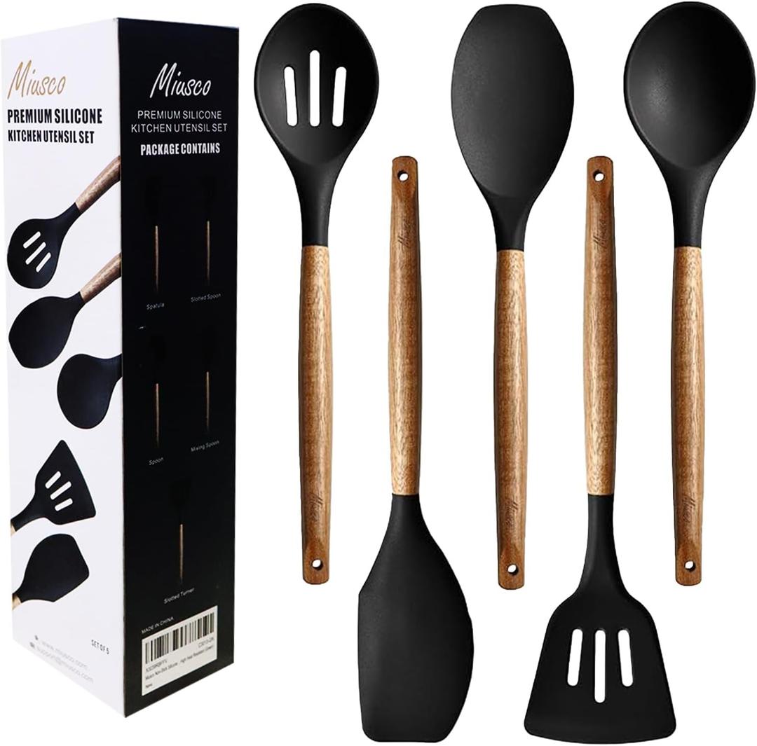 Kitchen Utensils Set, Silicone Cooking Utensils Set,Non-Stick Silicone Spatula Set with Natural Acacia Hard Wood Handle, 5 Piece, Upgraded Thickened Cookware (Black)