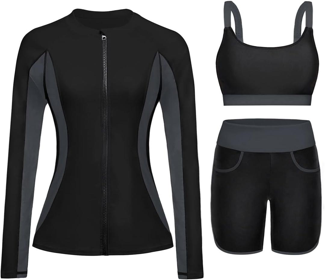 Women 3 Piece Rash Guard - Long Sleeve Swimsuit Built in Bra Swim Shirt Zip Bathing Suit with Pocket Shorts (Large, Black and Gray)