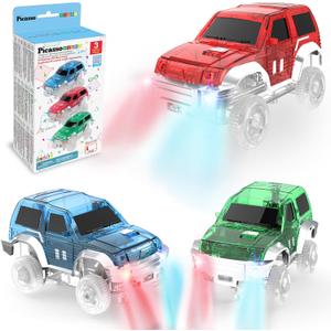 PicassoTiles 3 Magnetic Toy Cars Set Light Up LED Highly Detailed Compatible with Magnet Car Race Track STEM Truck Replacement Accessories Educational Building Kits for Toddlers Boys & Girls Ages 3+