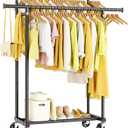 HYSEYY Clothes Rack, Double Rods Rolling Clothing Rack for Hanging Clothes, Portable Garment Rack with Wheels, Coat Rack Wardrobe Closet Load 240 LBS for Bedroom Laundry Room, Black