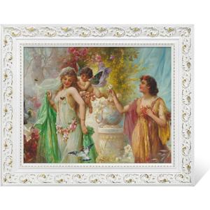 DIY Wood Frame for 20x24 Stretched Canvas Paintings, Retro White Ornate Picture Frame for Vintage Wall Art Prints, No Backboard & Cover, Open Back Canvas Frame for Living Room Decoration