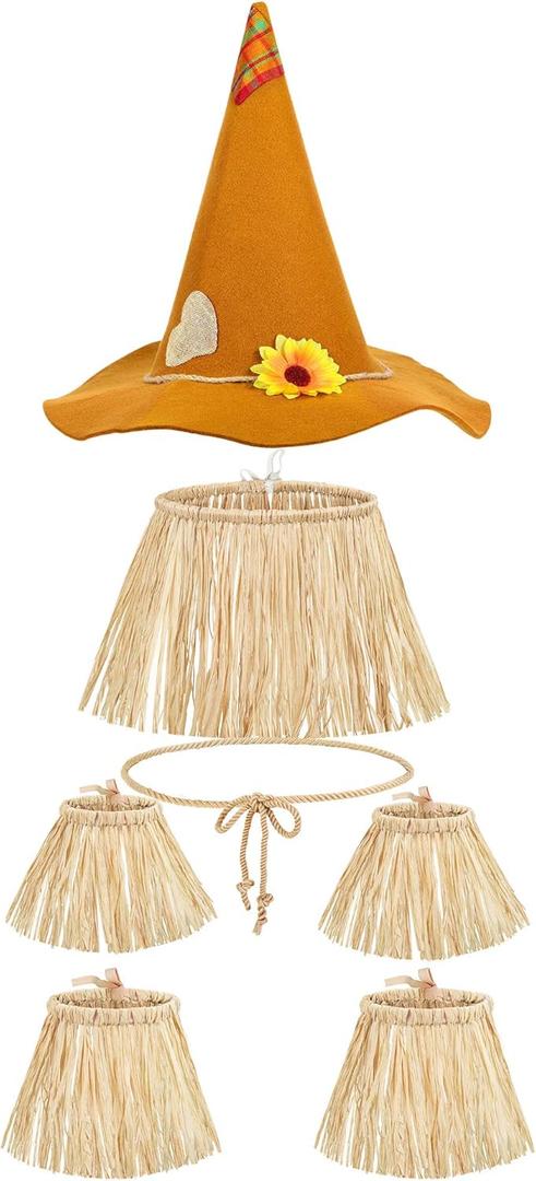 Geyoga 7 Pieces Scarecrow Costume Set Include Raffia Scarecrow Straw Kit Hat for Halloween Harvest Party Accessory (Simple Color)