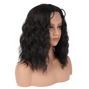 Black Hair Wig 16 Inch Medium Length for Women - Middle Part Synthetic Wavy With Adjustable Bands, Lace Hairline - Natural Look for Daily Party/Halloween Use