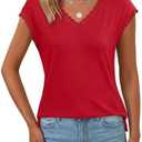 JUSTFASHIONNOW Lace Blouse Soft Cap Sleeve Tops for Women Summer V Neck Tank Tops Dressy Casual Shirts Trendy Clothes (Red)
