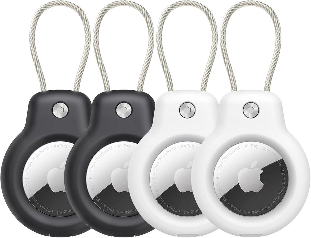 SPGUARD Compatible with Apple AirTag Secure Holder with Wire Cable, 4 Pack Air Tag Lock Case Keychain Key Ring Key Chain Luggage tag for Kids Keys, Luggage & More Men Women's Keyrings & Keychains (Black/White/Black/White)