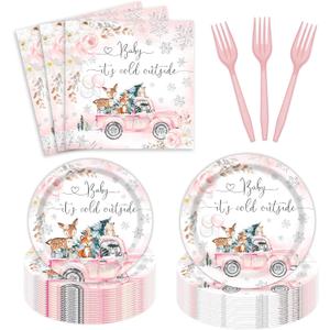 96Pcs Winter Woodland Baby Shower Party Supplies Forest Animals Baby It's Cold Outside Pink Party Plates Napkins Decoration for Girl Disposable Paper Tableware for 24 Guests