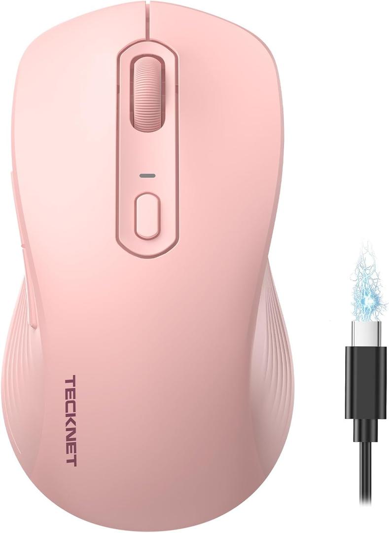 TECKNET Rechargeable Bluetooth Mouse, [ USB + BT5.0 + BT3.0 ] Wireless Mouse, Ergonomic Design, Silent Click, 6-Level 4800 DPI Wireless Mice, 3-Device Switching for Laptop, Computer, MacBookPink