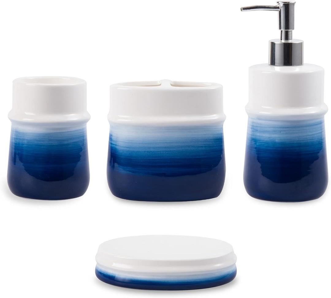 Navy Blue Bathroom Accessories Set, 4-Piece Blue Ceramic Bathroom Decorations Accessories Set,Contain Toothbrush Cup,Soap Dispenser,Soap Dish,Tumbler