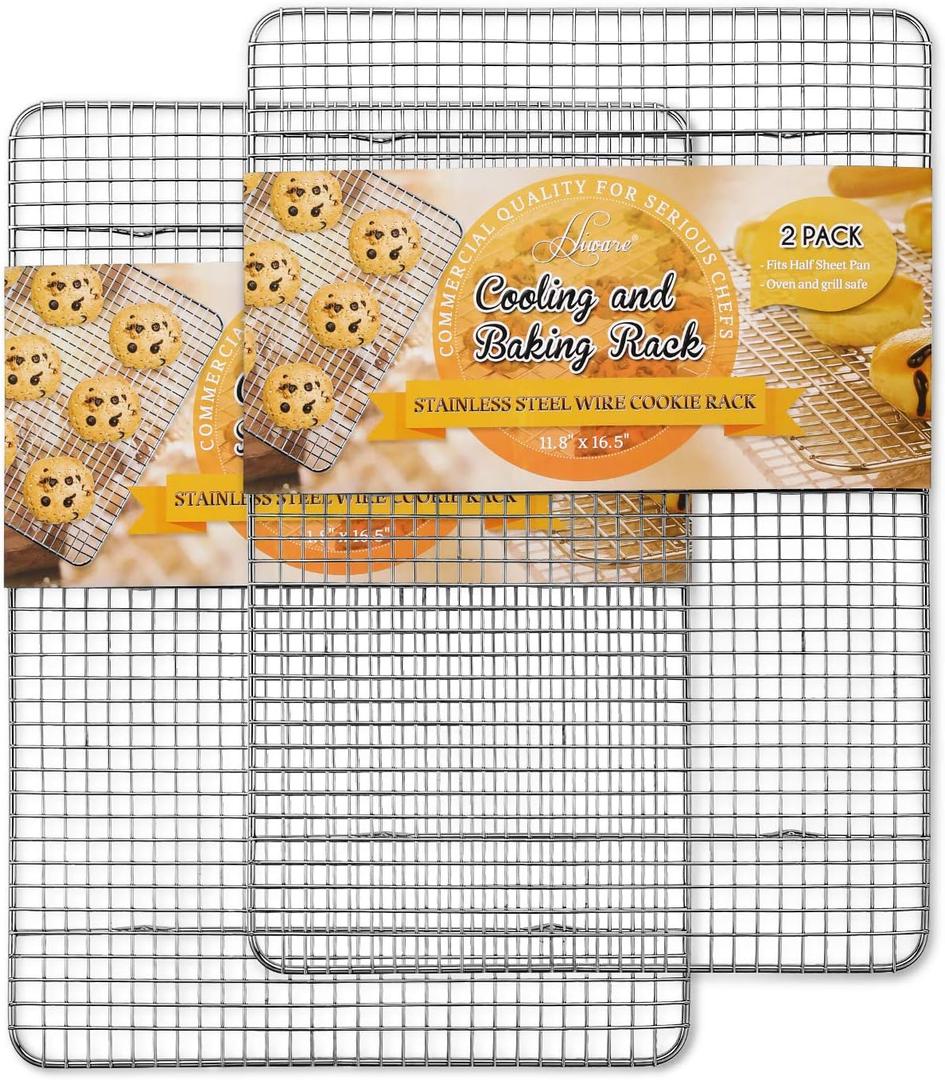 Hiware 2-Pack Cooling Racks for Baking, Stainless Steel Wire Rack Baking Rack Oven Rack Cookie Rack, Oven Safe, Rust-Resistant Rack for Cooking, Baking, Roasting and Grilling - Fit Half Sheet Pan (12" X 16")