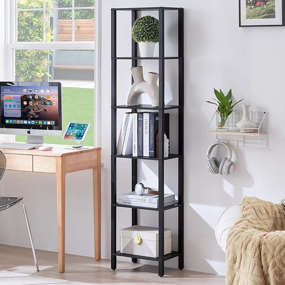 66in Tall Bookshelf 6-Tier Small Narrow Bookcase, Skinny Book Shelf for Small Space, Farmhouse Slim Shelf with Storage, Wood Freestanding Display Thin Bookshelves for Living Room, Office, Black