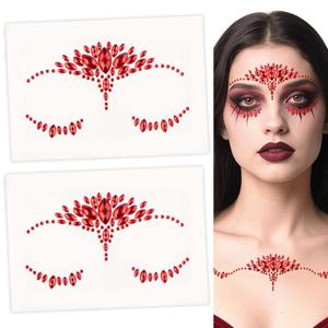 Red Face Gems Rhinestone Temporary Tattoo Sticker Halloween Eye Body Face Tattoos Party Makeup Self-Adhesive Face Jewels Crystal Makeup Diamonds Holiday Festival Party Supplies 2PCS