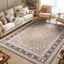 Lessymo 8 x 10 Area Rugs for Living Room, Machine Washable Area Rugs Boho Faux Wool Low Pile Area Rug for Bedroom, Floral Medallion Vintage Rugs with Non-Slip Rubber, Kid & Pet Friendly,Brown White