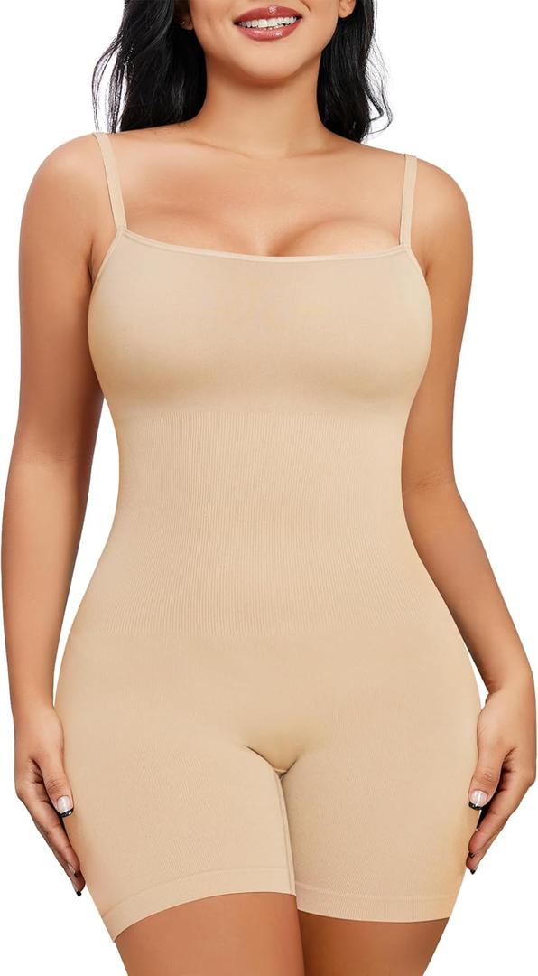 Nebility Shapewear Waist Trainer Bodysuits Women Clothing Tummy Control Seamless Full Body Shaper Square Neck Jumpsuits Top (Medium, Beige Mid-thigh)
