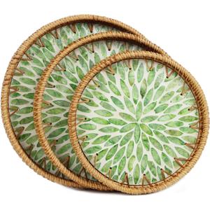 Set of 3 Rattan Tray with Mother of Pearl Inlay, Round Serving Trays for Coffee Table, Decorative Wicker Woven Ottoman Tray for Table Home Decor, Kitchen, Coffee, Bread, Fruits