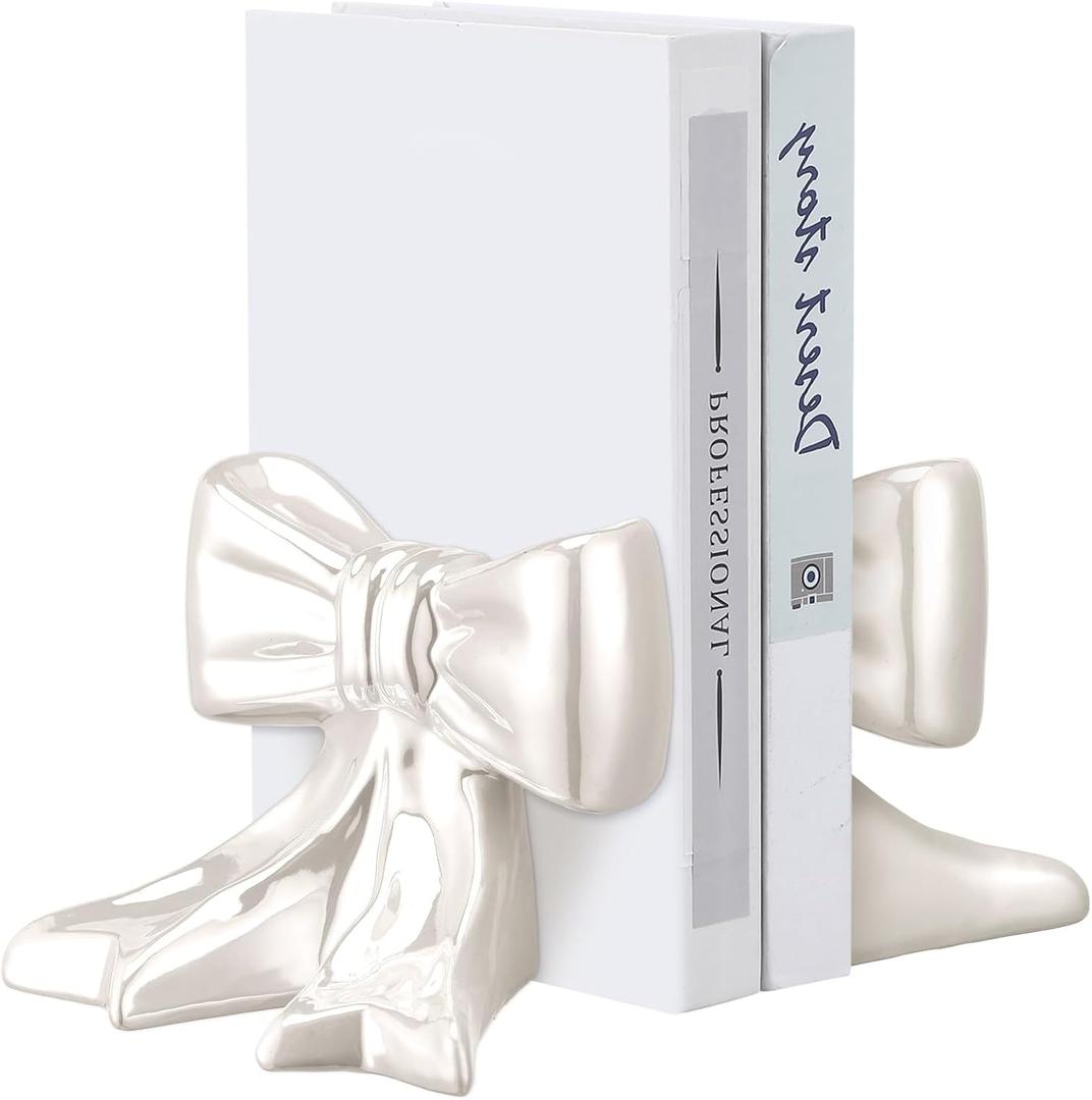 Leinuosen 2 Pcs White Bow Bookends Ceramic Cute Book Ends Decorative Book Stand Bow Sculpture Statues Tabletop Shelf Ornament Room Decor for Home Office School Dorm Girl Desk