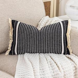 CARRIE HOME Modern Farmhouse Black Striped Lumbar Pillow Cover 12x20 with Tassels 1 Pack, Boho Decor Black and White Neutral Pillow Cover 12 x 20, Black Decorative Throw Pillows for Bed Couch Sofa