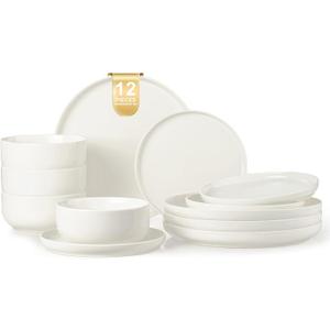 EWFEN Plates and Bowls Sets, 12 Pieces Ceramic Dinnerware Set for 4, Stoneware Dishware Dishes Set, Scratch Resistant Dishes Set, Dishwasher & Microwave Safe, White