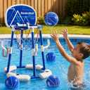 Pool Basketball Hoop with 4 Balls and Detachable Backboard, 2-in-1 Floating Pool Toys Ring Game with Pump, Anti-Tip Stable Base, 12 Rings, Outdoor Swimming Pool Games Toy for Party Kids Age 3-12
