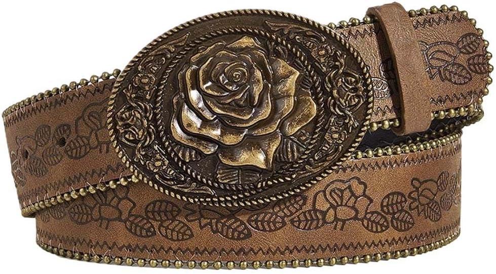 Women Western Belt with Heart Embossed Buckle Vintage Brown Belt for Jeans Pant Dress Cowgirl Cowboy Belts (Fit Waist Size:34''43'')