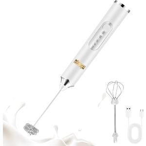 DSP Handheld Milk Frother Rechargeable, Electric Whisk for Coffee, 2 Stirring Rods 3 Speed Adjustable, Low Noise Drink Whisk for Lattes, Matcha, Hot Chocolate, Egg (Blizzard White)