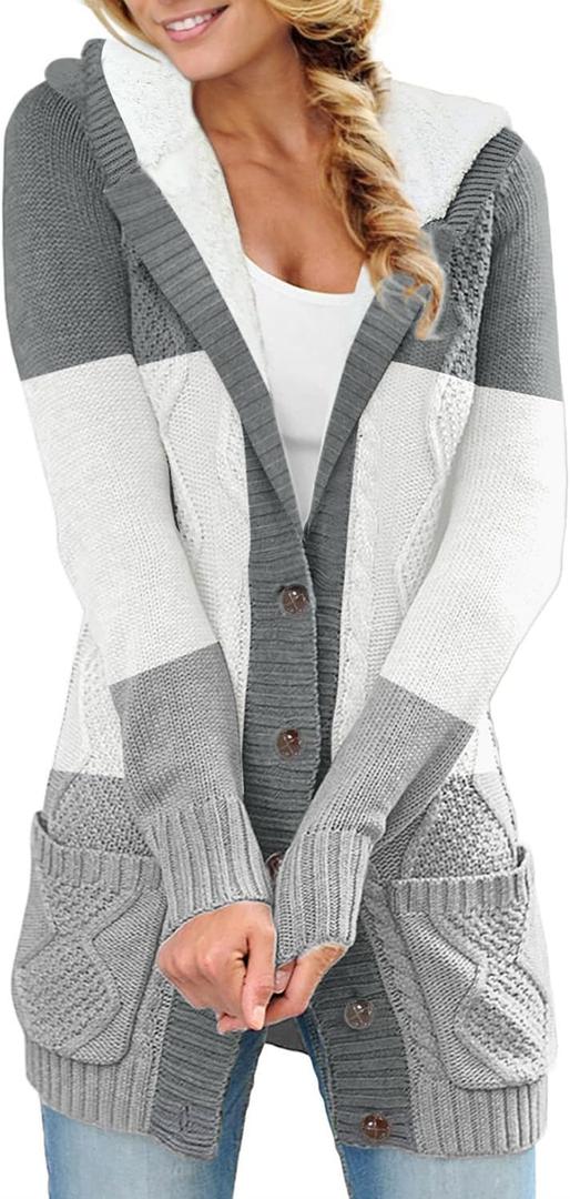 Sidefeel Women's Cardigan Sweaters Hooded Fleece Lined Button Down Front Jackets Winter Coat with Pockets (Large, Hooded 22 Gray)
