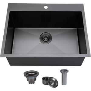 SHACO 25x18 Inch Black Drop In Kitchen Sink, 25 Inch Gunmetal Black Bar RV Laundry Utility Outdoor Stainless Steel 16 Gauge Single Bowl Deep Small Kitchen Sink
