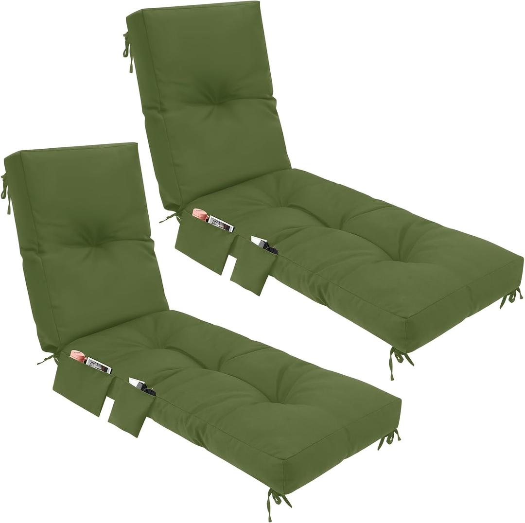 Kigley 2 Pcs Outdoor Chaise Lounge Cushion Pocket, Moss Green, Solid Color