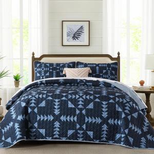 WONGS BEDDING Quilt Set King Size,Blue Cabin Arrowhead Design Bedspread Coverlet Set with 2 Pillowcases,Soft Lightweight Summer Bedding Set 110"90"