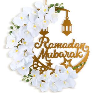 Lineshading Eid Ramadan Mubarak Wreaths Ramadan Decorations for Home Front Door Eid Decor Round Metal Hoop Floral Hanging Garland for Wall Window Indoors Outdoor Farmhouse Decor (Classic)