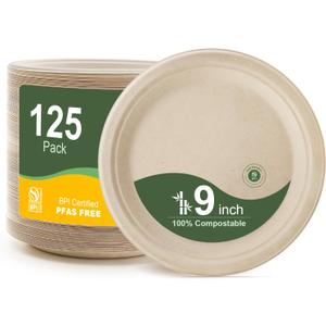 WELLIFE 100% Compostable Paper Plates 9 Inch, 125-Pack Heavy Duty Paper Plates Bulk,Biodegradable Bagasse,Eco-Friendly Disposable Dinner Plate for BBQ,Picnic,Party (BPI Certified,Microwaveable) (Natural)