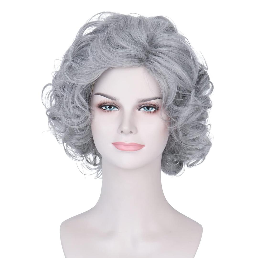 Old Lady Costume Wig for Women Short Grey Curly Grandma Wig Anniversary Party Hair (Grey)