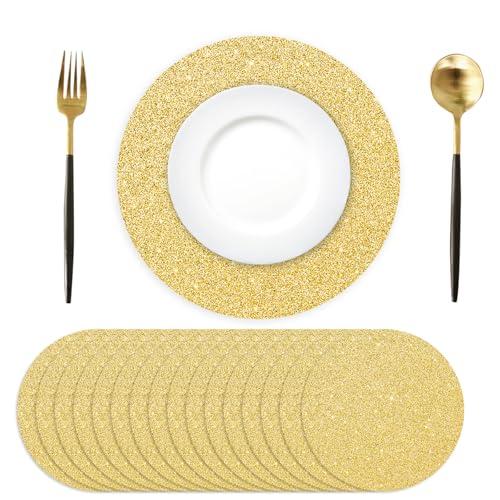 50PCS Gold Paper Placemats Disposable 13.4 Inch Shiny Golden Place Mats Round Decorative Glitter Table Mats for Birthday Wedding Holiday Party Supplies Sparkle Dining Tableware
