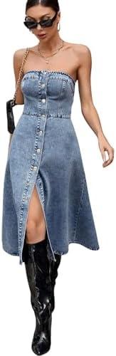 utcoco Women's Stretch Strapless Denim Tube Dress Button Down Sleeveless A Line Swing Jean Dress 2025