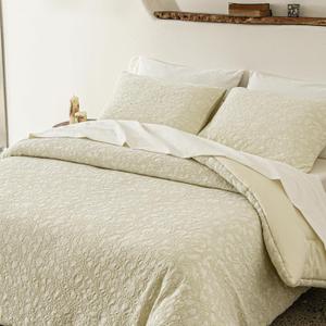 King Comforter Set in CreamVintage Farmhouse Cotton Comforter Stone Washed, Jacquard Bedding Sets 3 Pieces (1 Comforter, 2 Pillow Shams)